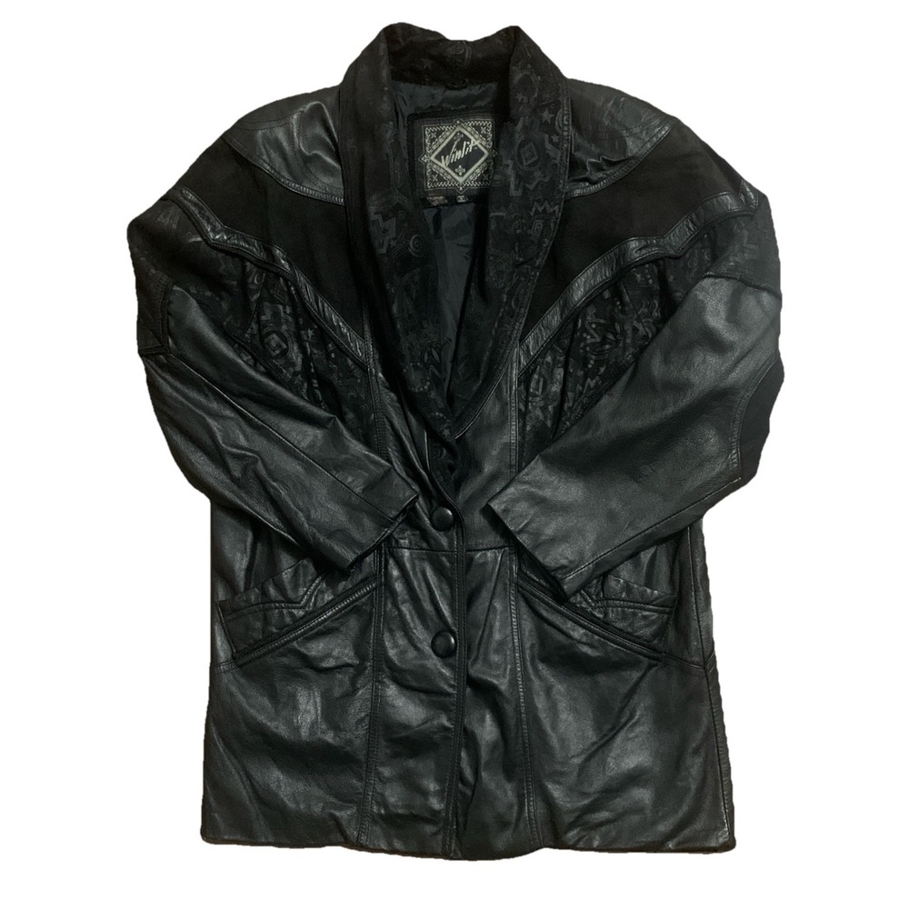 VTG Winlit womens Coat Genuine Leather sz M‎ Black Suede Trim Classic 80s Retro